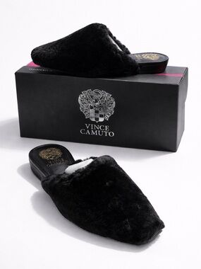 Vince Camuto Black Plush Backless Slippers